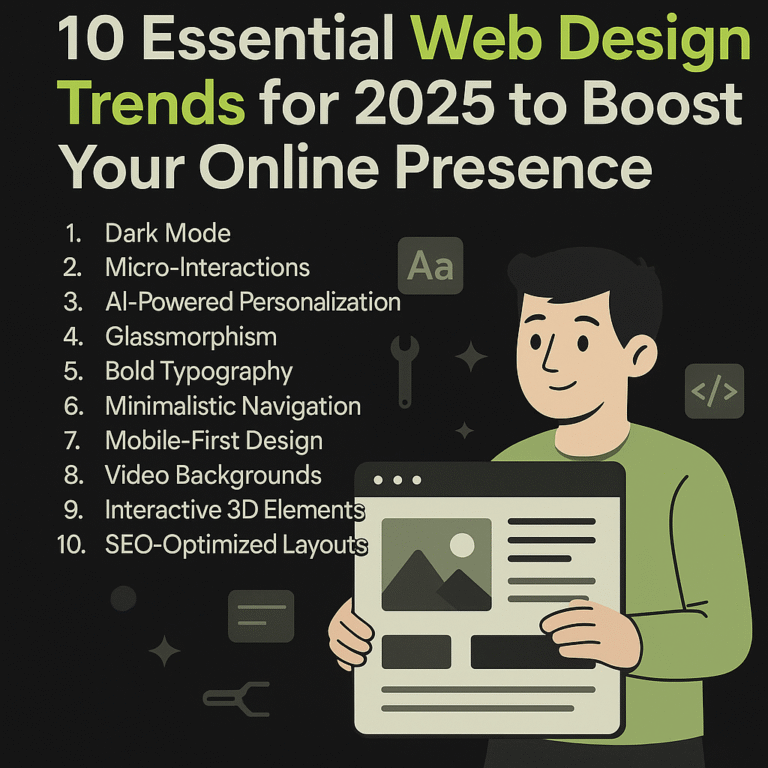 Web Design Trends 2025 infographic showing top design ideas like dark mode, AI personalization, and minimalistic navigation.