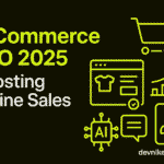 E-Commerce SEO 2025 banner featuring product page optimization, AI tools, and mobile-first strategies.